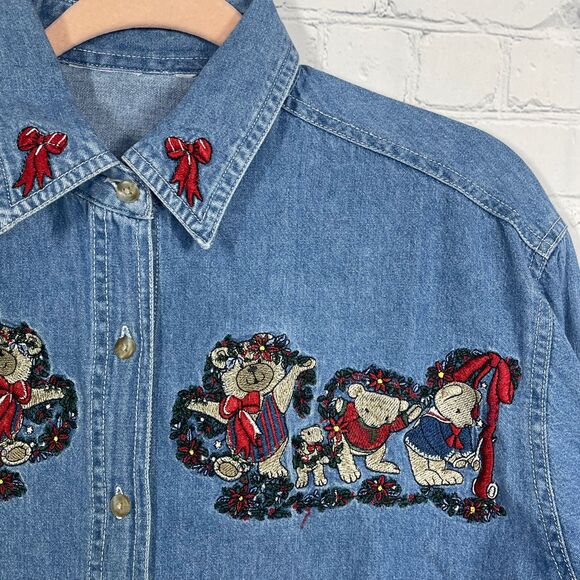 Christmas Shirt Women XL Blue Chambray Button Up Long Sleeve Embroidered Bear - Picture 3 of 9